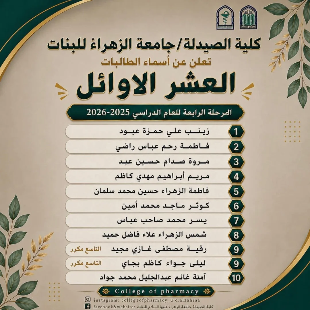 تعلن عمادة كلية الصيدلة في جامعة الزهراء (عليها السلام) للبنات عن قائمة الطالبات العشر الأوائل للمرحلة الرابعة للعام الدراسي 2025–2026.