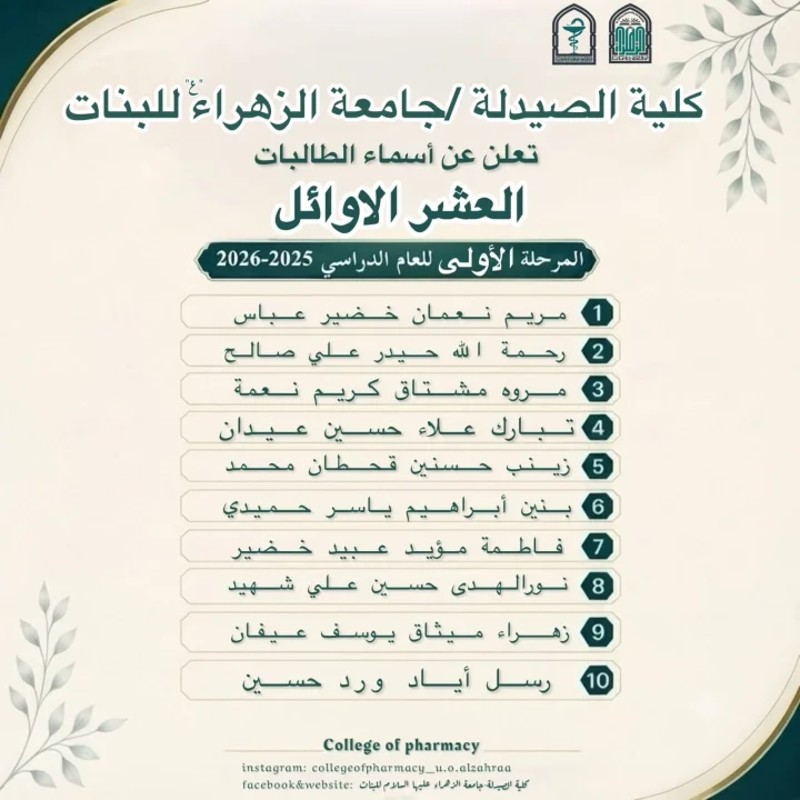 تُعلن عمادة كلية الصيدلة في جامعة الزهراء (عليها السلام) للبنات، عن قائمة الطالبات العشر الأوائل للمرحلة الأولى للعام الدراسي 2025-2026.