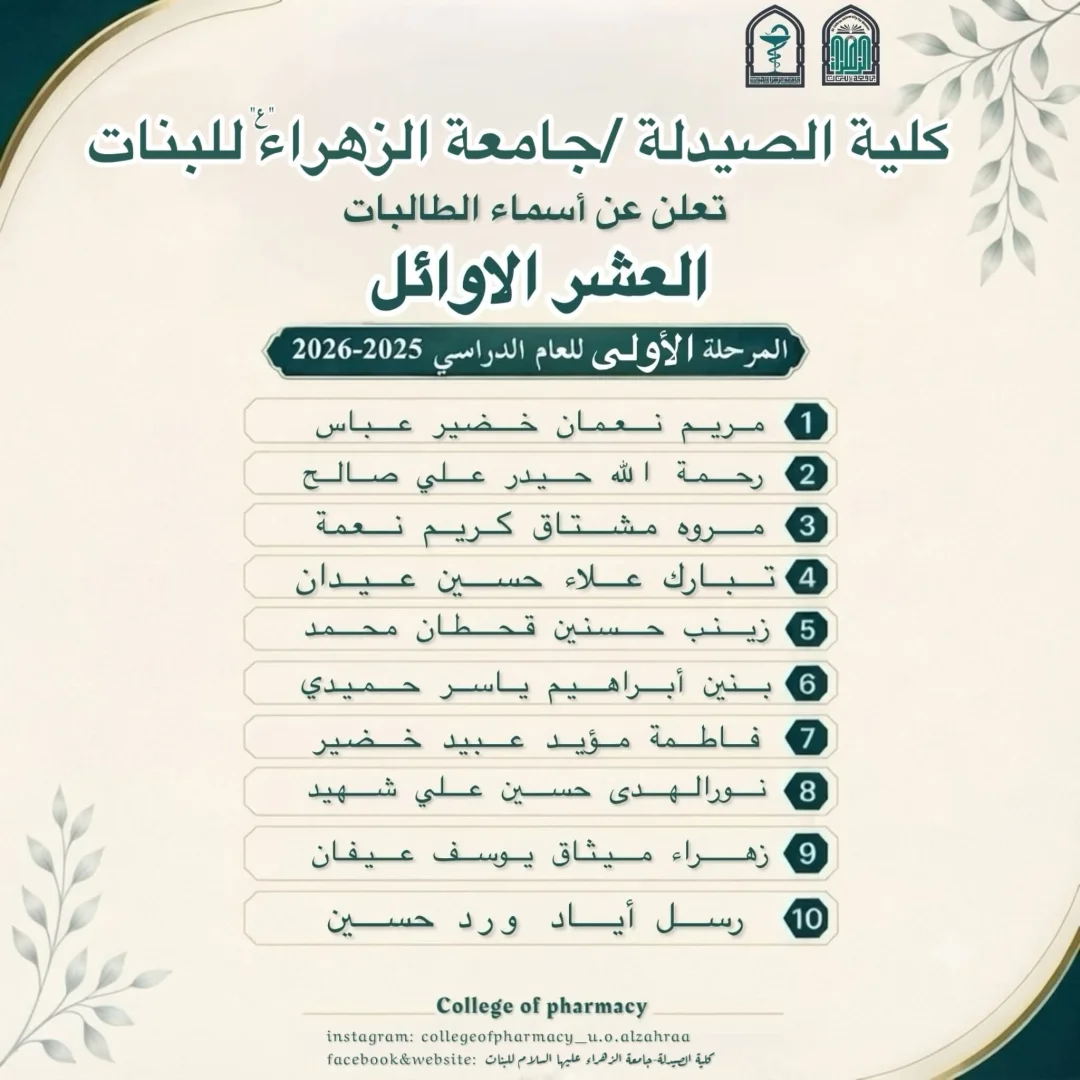تُعلن عمادة كلية الصيدلة في جامعة الزهراء (عليها السلام) للبنات، عن قائمة الطالبات العشر الأوائل للمرحلة الأولى للعام الدراسي 2025-2026.