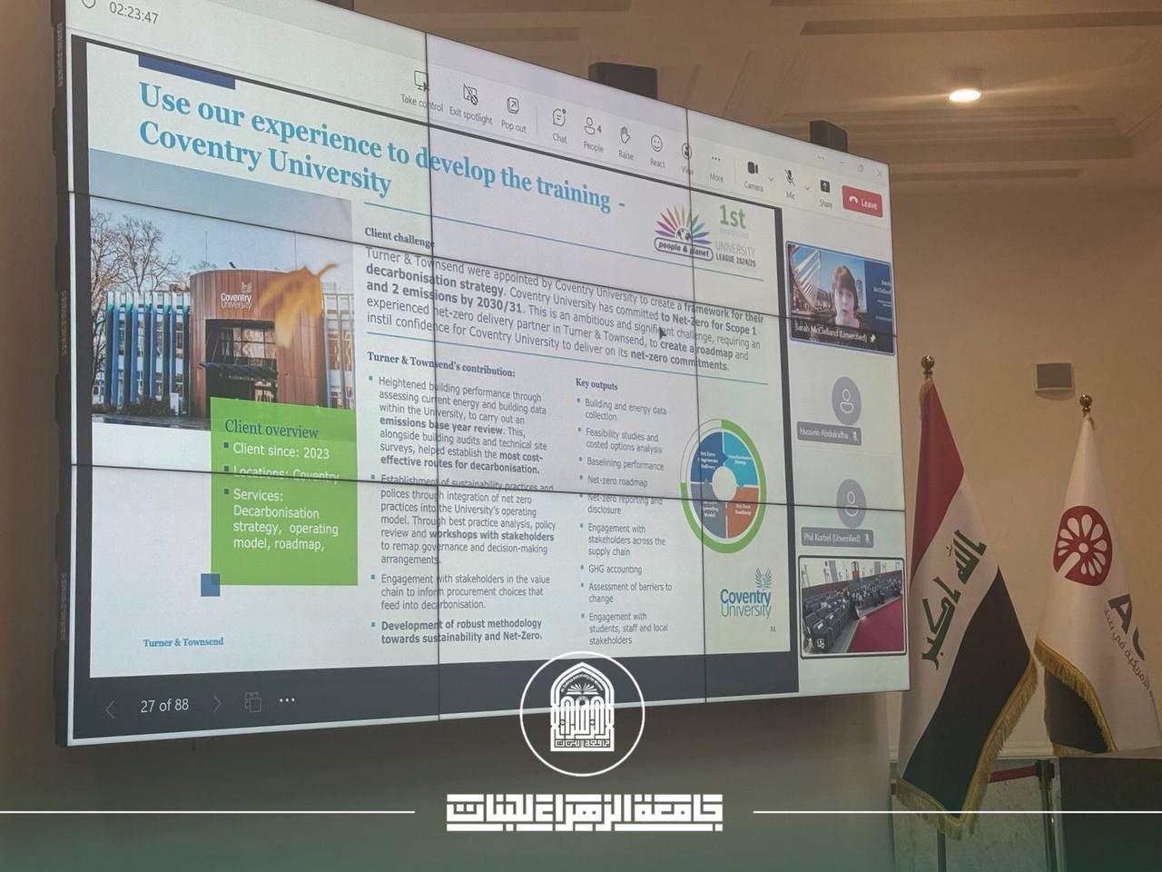 Prof. Dr. Ghaida’ Abd Al-Hussein Al-Mulla, Dean of Engineering and Information Technology Faculty represented Al-Zahraa University for Women,  in the scientific symposium entitled “Towards Comprehensive Sustainability: Environmental Management and Cosmic Identity,” organized by Excellence Centre for Creativity and Development at the American University in Baghdad, in cooperation with the Institute for Continuous Education.