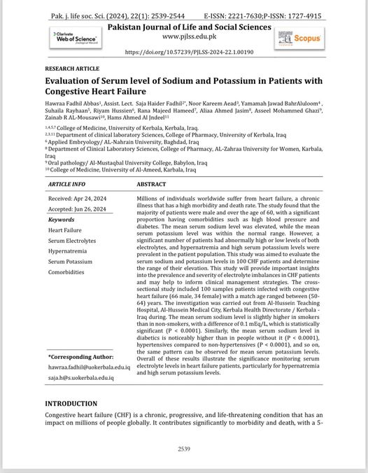 Lecturer Mr. Alia Ahmed Jassim published the research entitled “Evaluation of Serum level of Sodium and Potassium in Patients with Congestive Heart Failure”