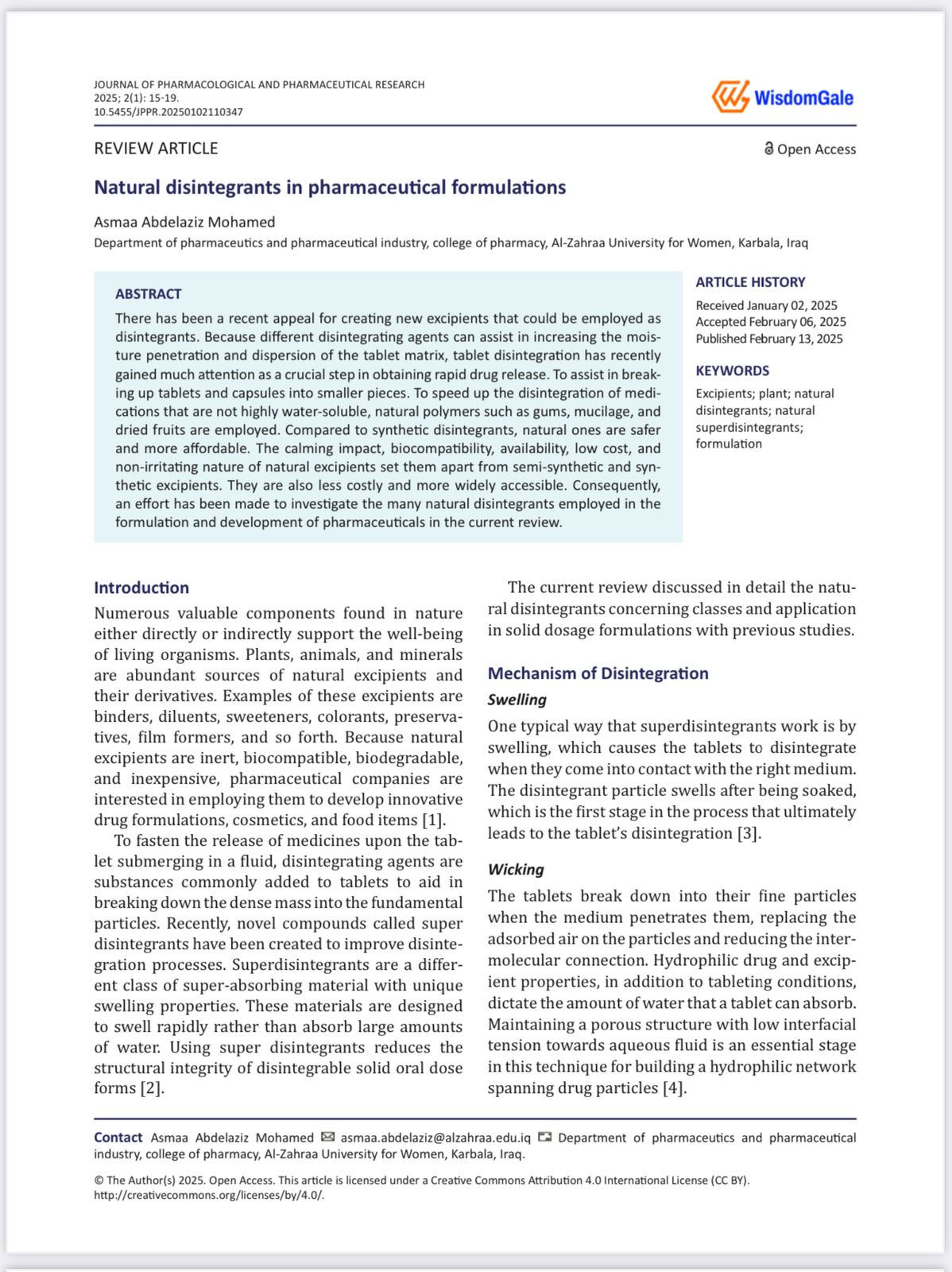 Faculty Member from Al-Zahraa University Faculty of Pharmacy Publishes Research in an International Journal