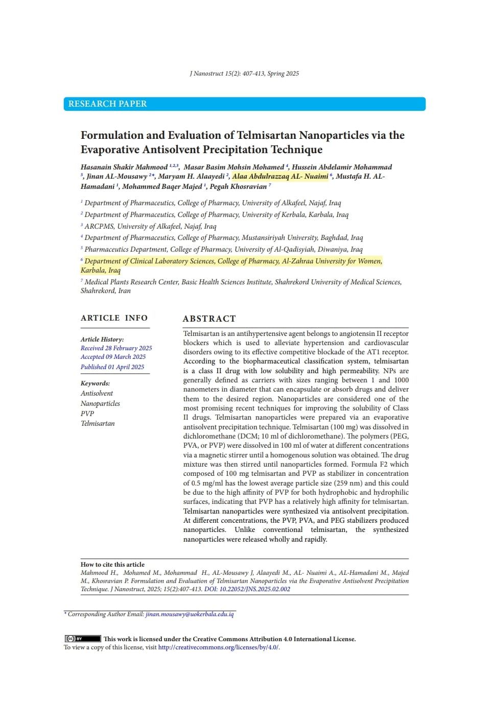 Faculty Member at Al-Zahraa University Publishes Scientific Research in a Scopus-Indexed Journal (Q3)